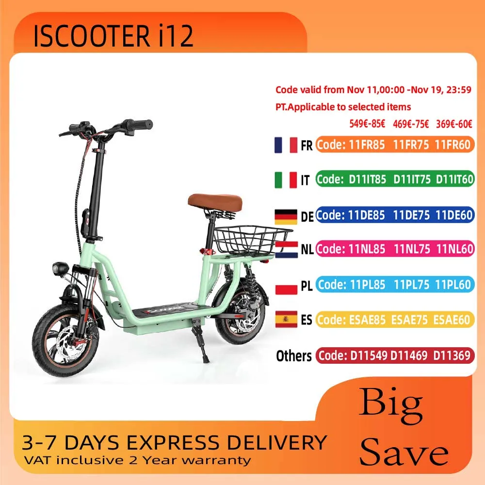 ISCOOTER I12 الكبار سكوتر كهربائي 500 واط موتور E-سكوتر 36V7.5AH بطارية EScooter 12 بوصة الطريق الإطارات سكوتر كهربائي
