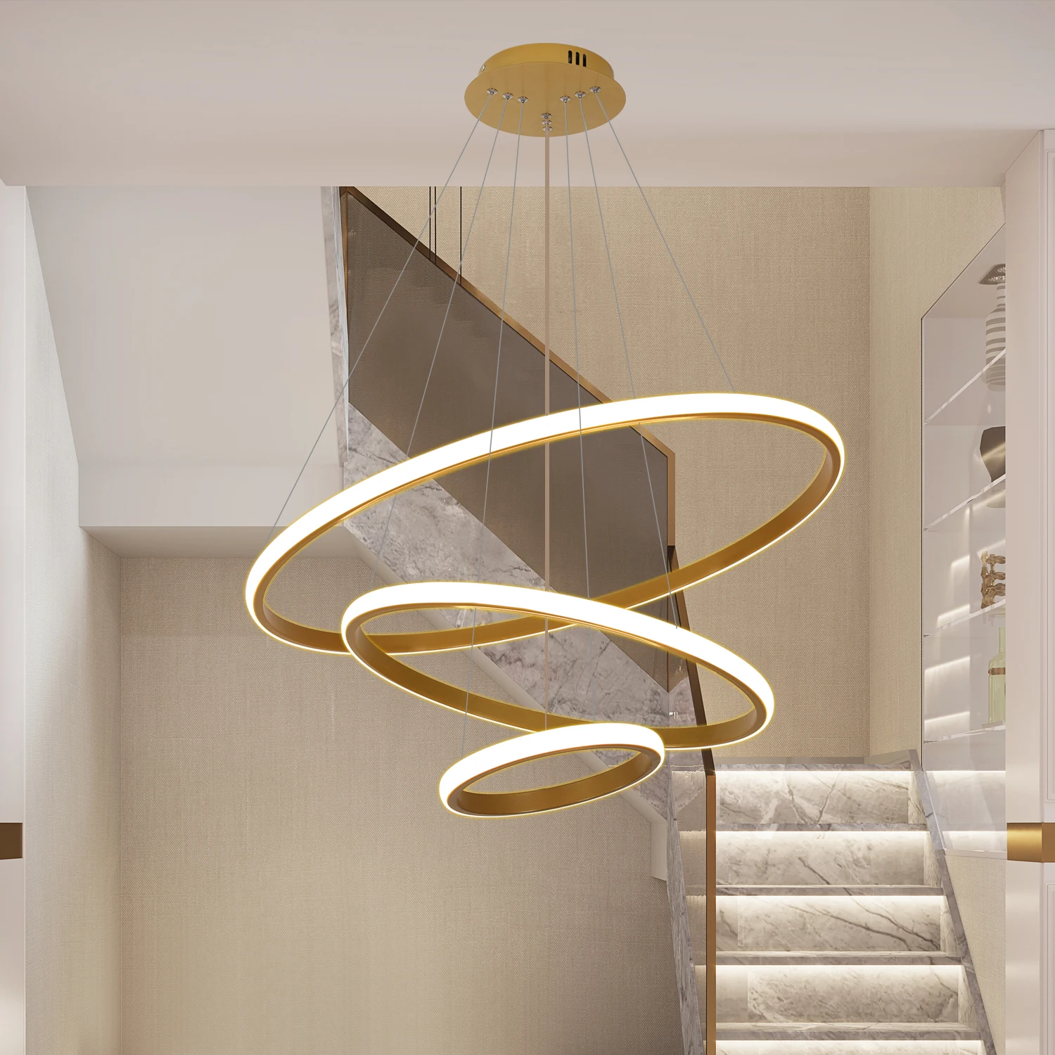 Modern LED Chandelier for High Ceiling, Dimmable 3-Ring Gold Pendant Light with Remote Flush Mount Ceiling Light for Living Room