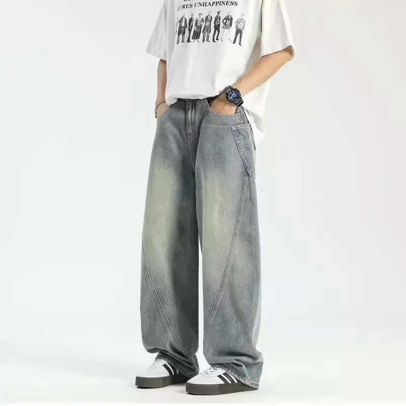 

Jeans Trendy Brand American Splicing Retro Old Washing Work Pants Men's Autumn New Style Japanese 2000s Y2k Clothes Rhinestones