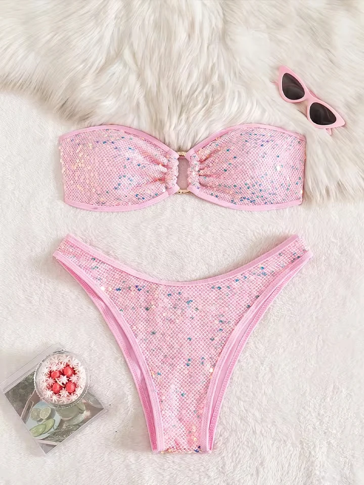 

Vzvn 2026 New All Season Backless Bikinis Sexy Strapless Sequins Bikinis Set for Women Split Swimsuit Beach Bikini 2 Piece Set