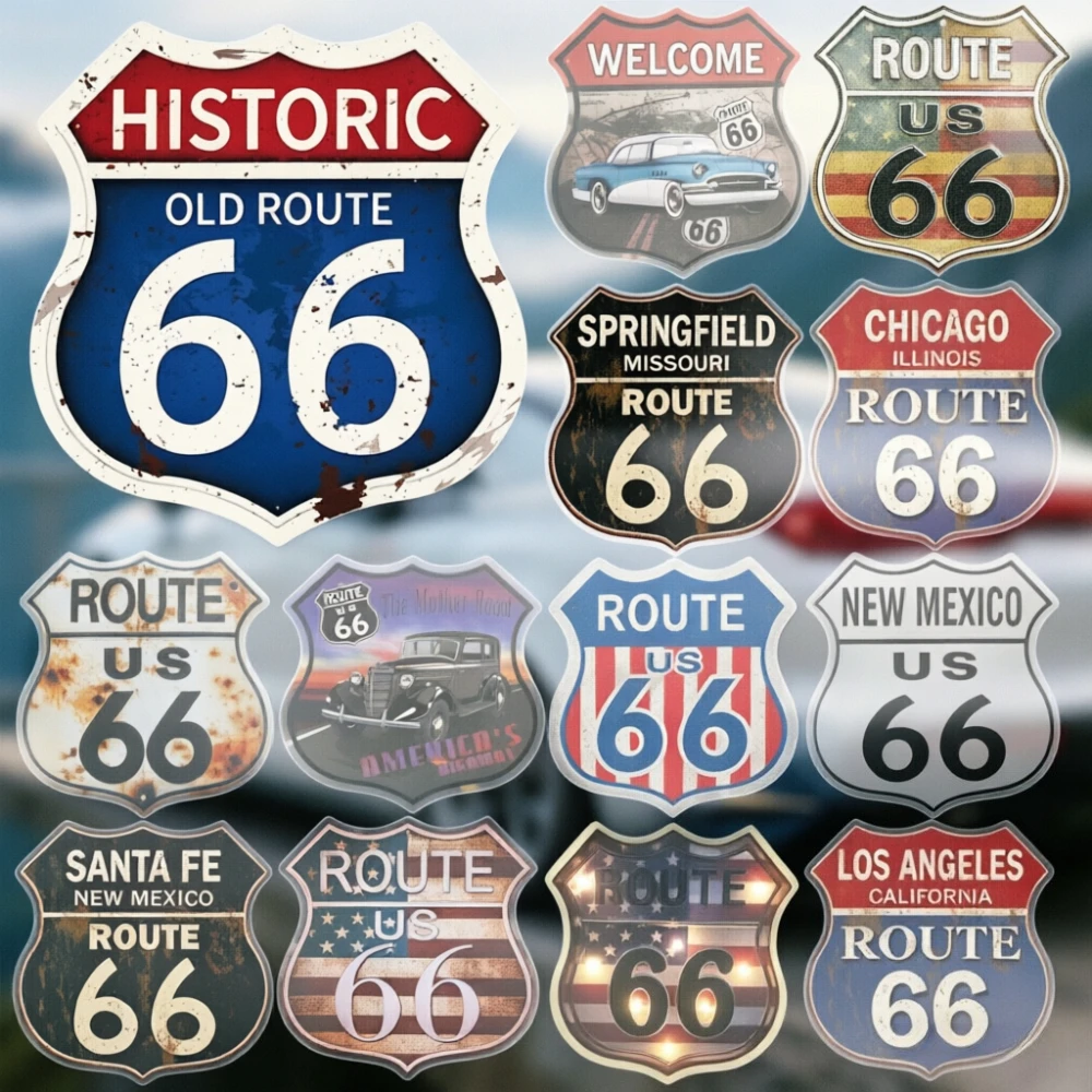 

Car Sticker Waterproof Easy to Install No Residue Vintage Historic Route 66 Metal Signs for Living Room Garage Wall Decoration