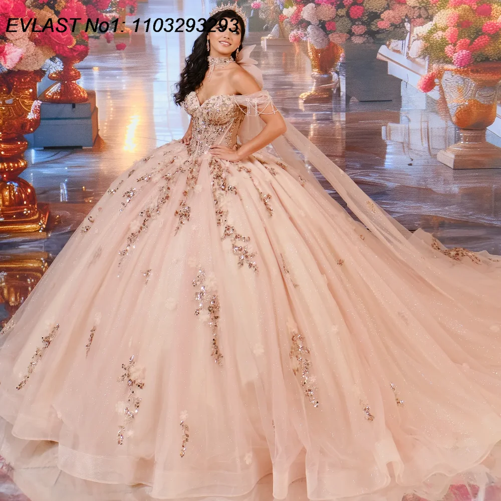 EVLAST Customized Mexican Pink Quinceanera Dress Ball Gown Sequins Lace Applique Beading Cape Sweet 16 Vestido De 15 Anos E1Q74