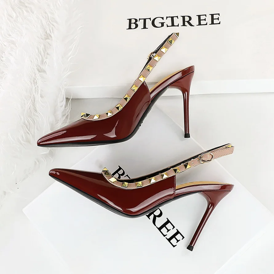 Women 9.5cm High Heels Lady Patent Leather Studded Stiletto Heel Single Ankle Strap Heels Pumps Female Breathable Dance Shoes