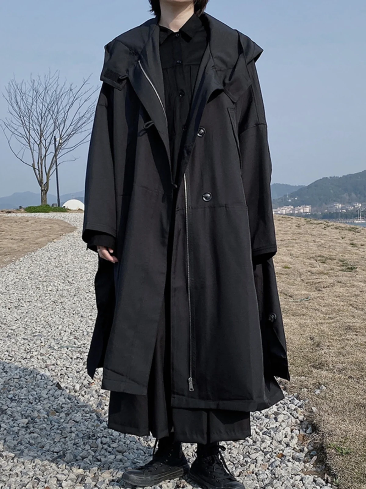 Street Style Oversized Hooded Coat Unisex Long Length Spring 2023 Fashion Trend Dark Decomposition Small Audience
