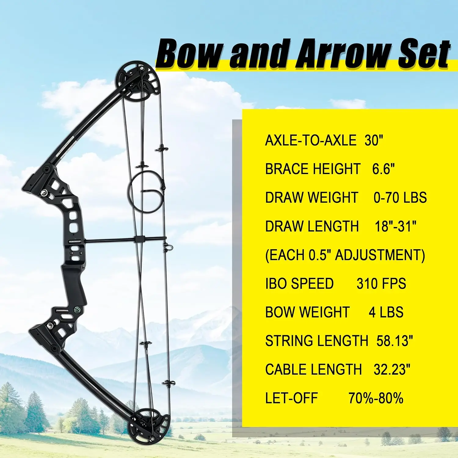 Compound Bow Hunting Package, 0-70 lbs Draw Weight, Ready to Hunt, 320 FPS, No Bow Press Required