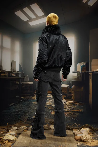 2025 شتاء جديد الأمريكية الرجعية الشرير نمط الرجال الأسود الدافئة سميكة عارضة سترة قطن قصيرة مع طوق الفراء #2