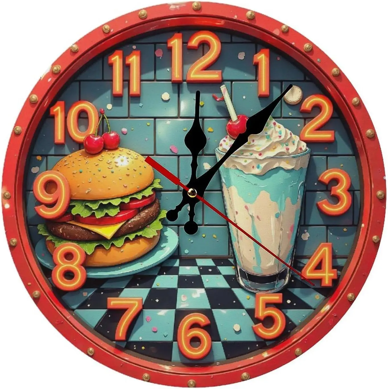 Retro Diner Clock Wall Decor Burger Milkshake Art 2D 12 Inch Silent Wall Clock Battery Operated, Frameless Wooden Round Clock
