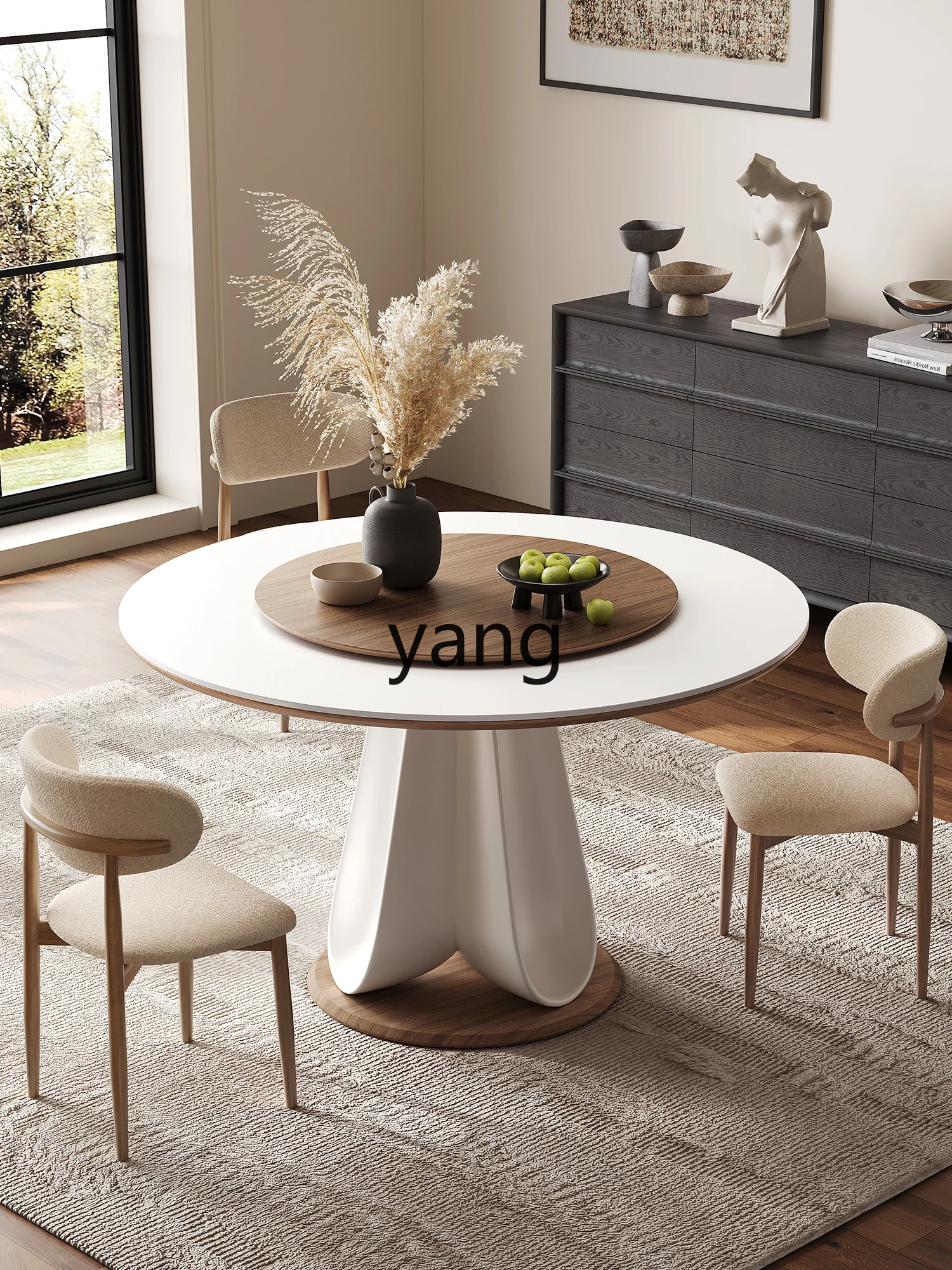 

LMM Round Table Home Cream Style Light Luxury Real Wood Dining Table and Chairs