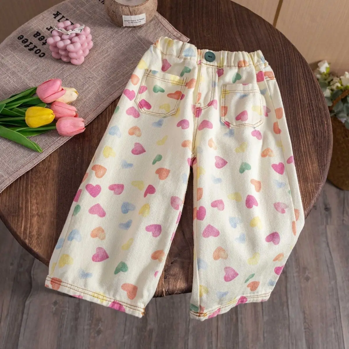 

Girls' Jeans Spring and Autumn Children's Stylish Color Love Printed Straight Leg Pants Wide Leg Pants