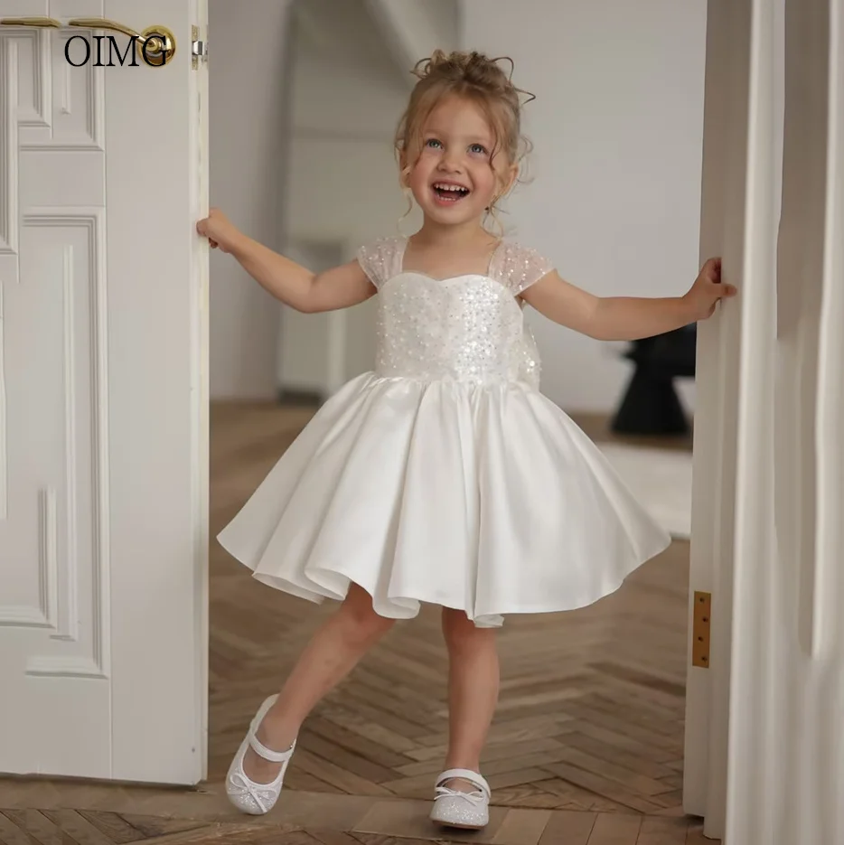 OIMG Glitter Ivory Sequined A Line Flower Girl Dresses Bow Back Wedding Party Dress Knee Length Birthday Dress 2027 Customized