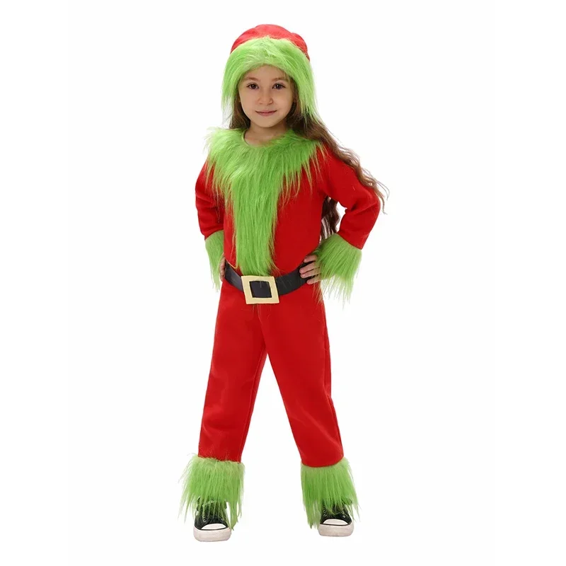 2024 Neujahrs junge Weihnachts mann Outfit Overall mit Hut pelzigen grünen Mädchen Kinder Santa Weihnachts kostüm