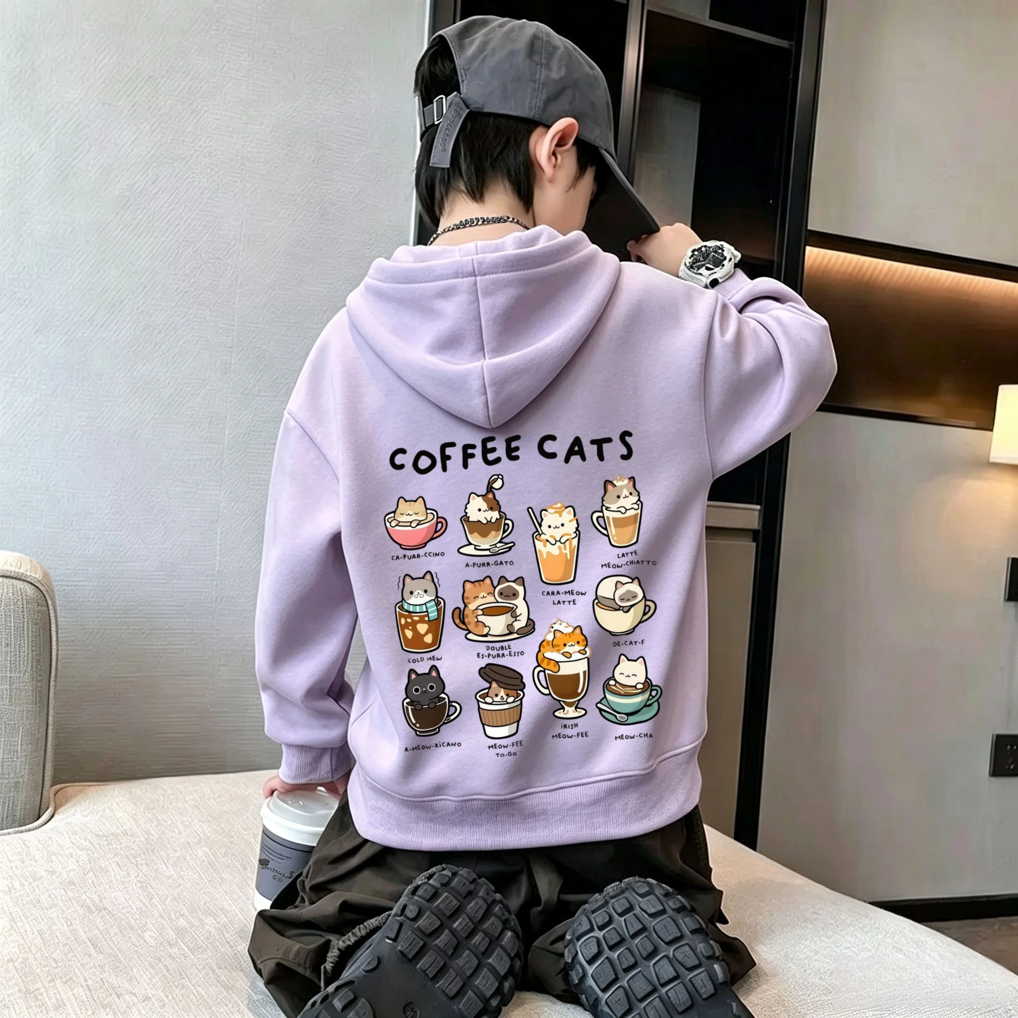 Y2K Kinder-Hoodie-Sweatshirt, Herbst-Winter, niedlicher Cartoon-Kaffee-Katzen-Grafikdruck, lässige, lockere Langarm-Oberteile – Detail 4