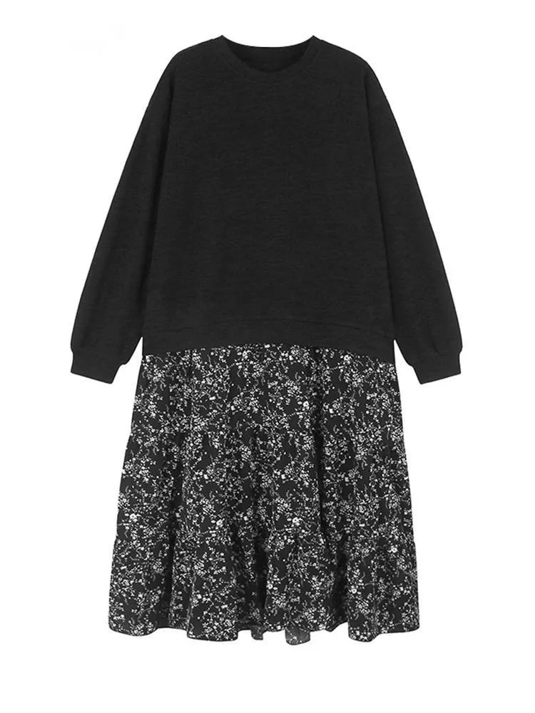 女性黒柄プリントスプライスビッグサイズミディドレス新しいラウンドネック長袖ファッション潮春秋