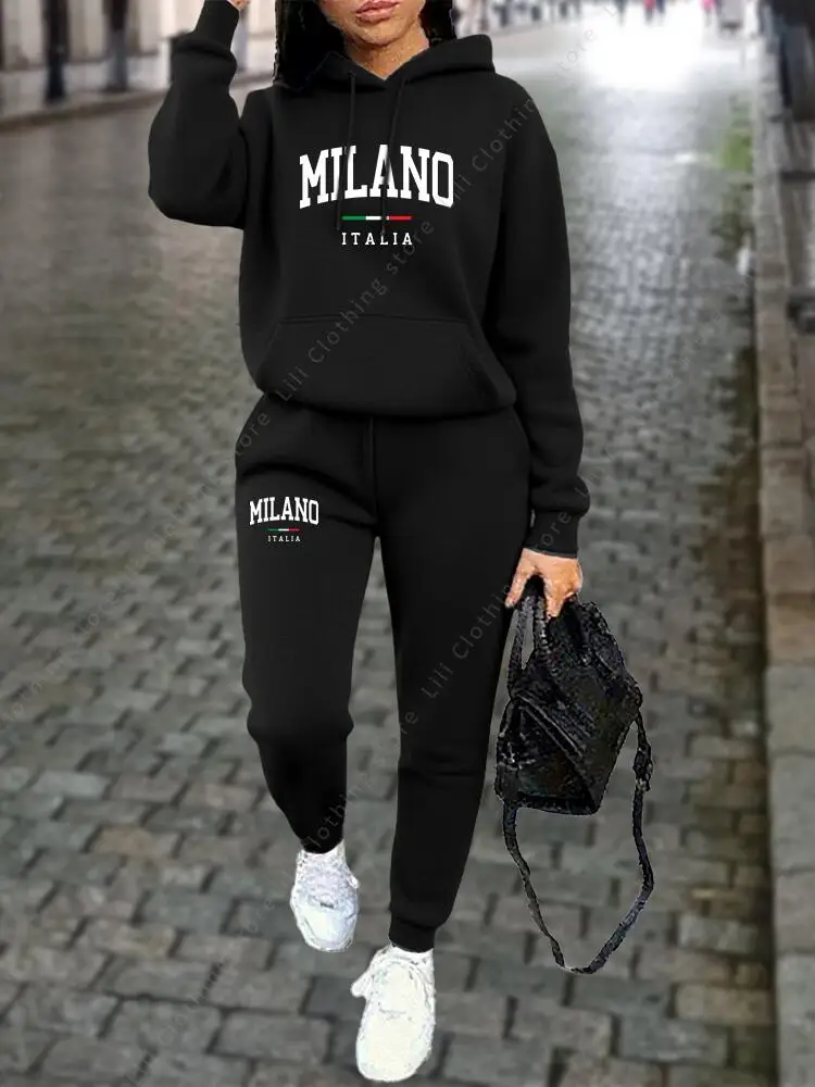 MILANO Pants Sets for Women Clothing High quality Sweatshirt Sweatpant Hoodie Suit 2 Piece Autumn Winter Outfits Woman Tracksuit