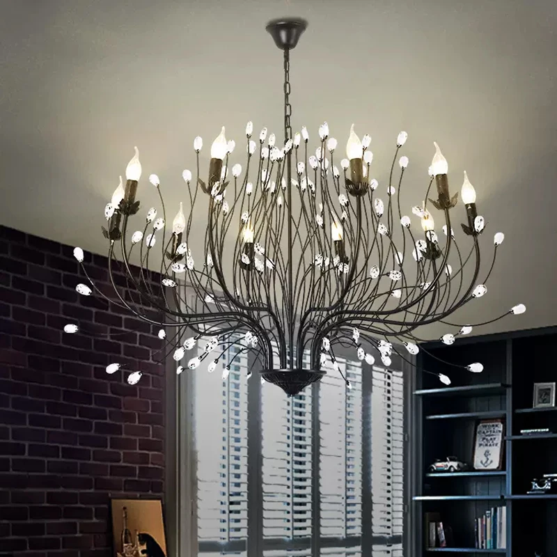 

American Retro Wrought iron Chandelier led Engineering Lighting Country Bedroom Living Room Candle Chandeliers Crystal lamparas