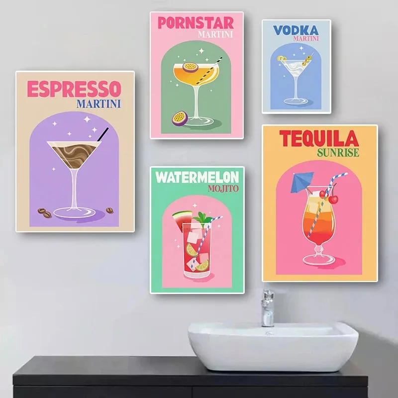 Colorful Pastel Cocktail Canvas Wall Art Margarita Mojito Whiskey Sour Print Bar Kitchen Dining Room Decor Unframed