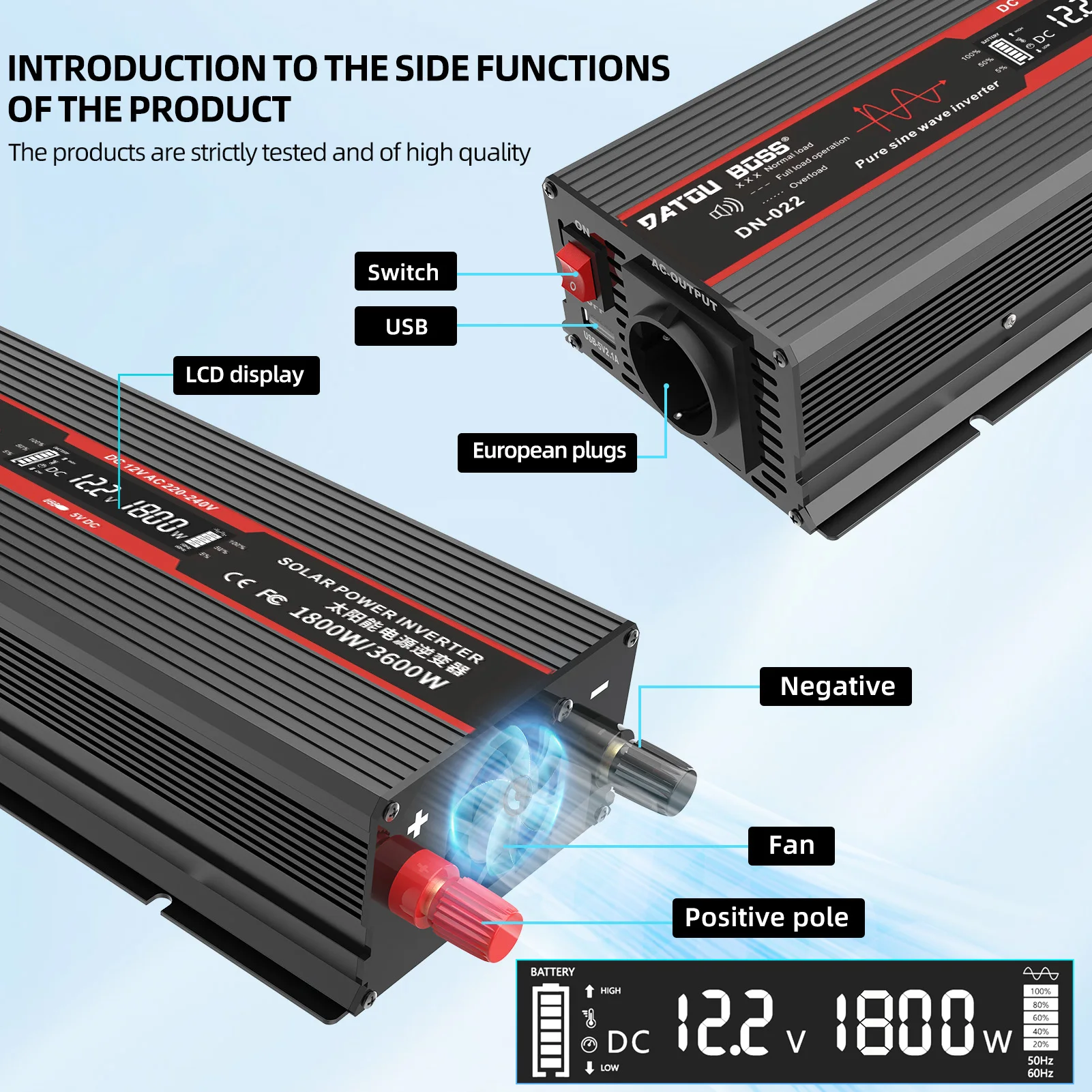 Convertitore a onda sinusoidale pura da 1800 W da 12 V a 220 V con porta USB integrata, terminale a filo rigido, display LCD, convertitore CA da 12 V CC a 230 V