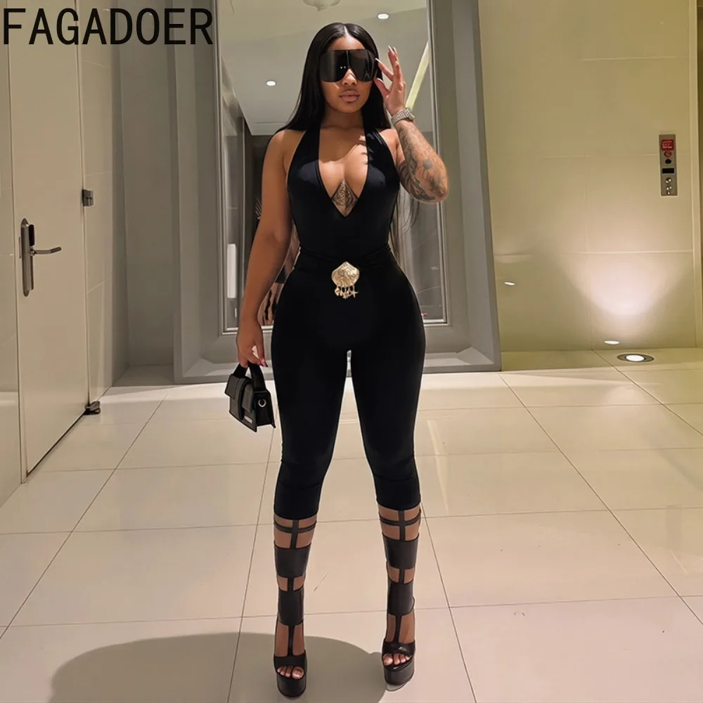 FAGADOER Sexy Bodycon Rompers Y2K Hot Girl Belt Shell Patchwork Deep V Bandage Halter Skinny Jumpsuits Women's Elegant Playsuits