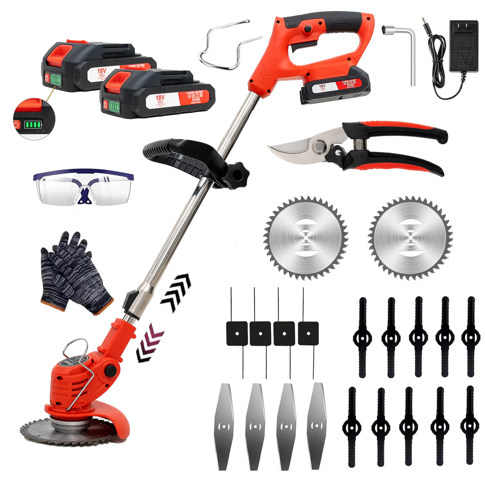 Tondeuse à gazon sans fil avec batterie, 2 batteries 21V et 4 types de lames + 1 paire de cisailles de jardin, guide-tige télescopique