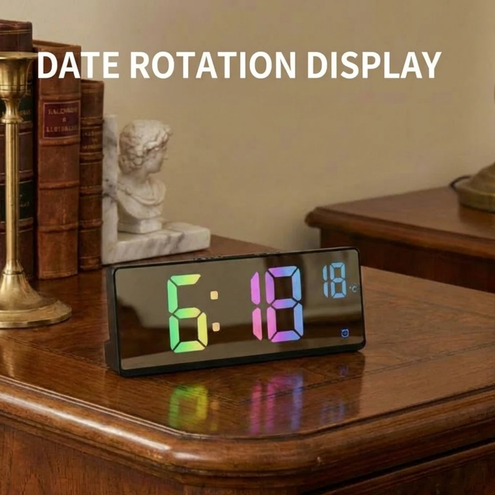 Digital Alarm Clock Temperature Display Dual Alarm Snooze Mirror Surface Table Clock for Bedroom Office Living Room Kitchen