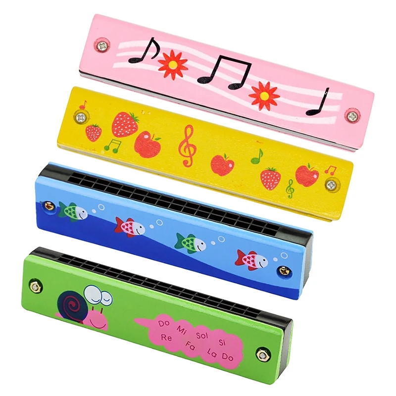 Wooden Harmonica For Children Toys Musical Instruments 16 Holes Double-Row Blow Cartoon Woodwind Mouth Harmonica