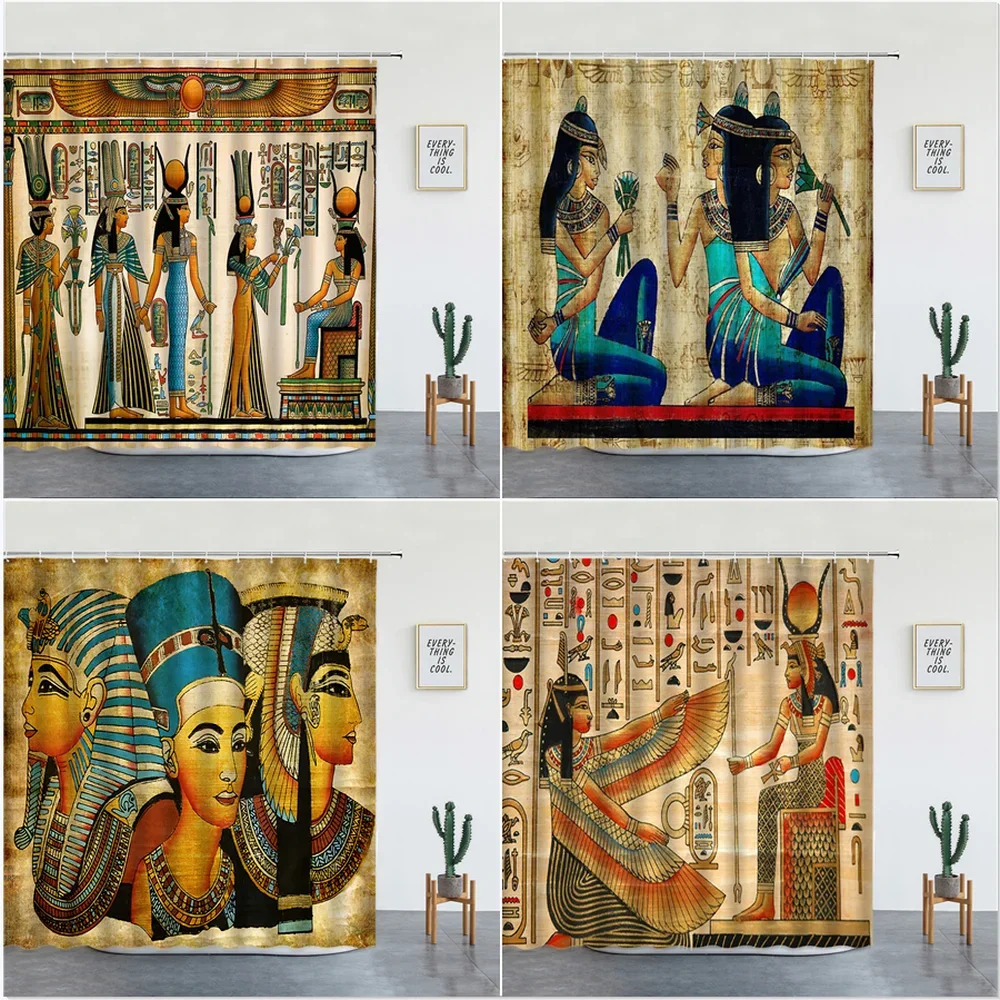 Retro Egypt Pyramid Pharaoh Painting Printed Shower Curtains Bathroom Decor Bathtub Screen Set Polyester Fabric Cheap With Hooks