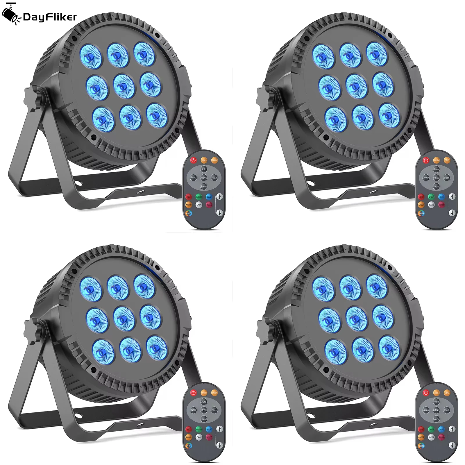 

DayFlicker 4Pcs 4 in 1 RGBW 9 LED Par Light With Remote Control DMX512 Sound Activated Control For DJ Party Halloween Christmas