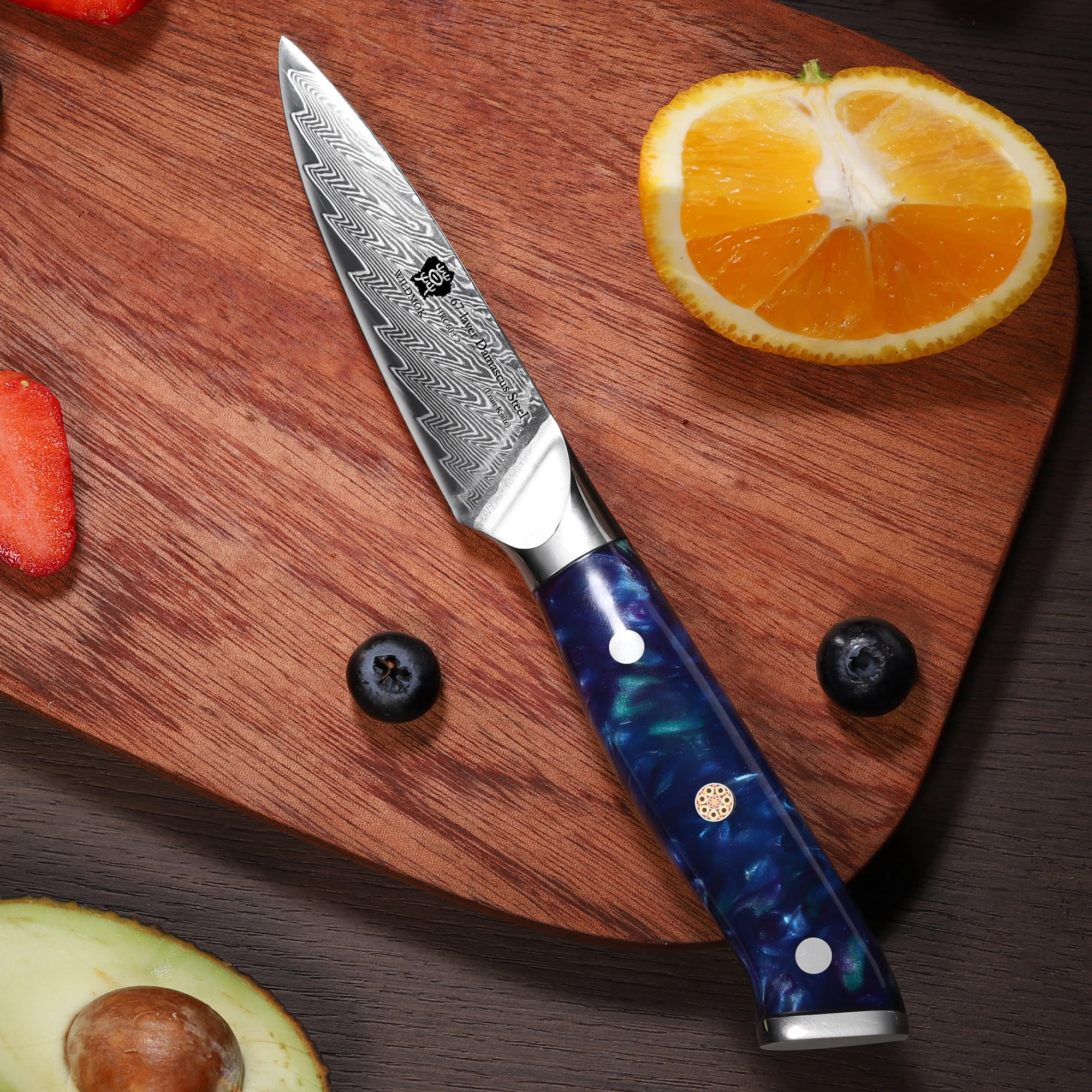 WILDMOK 3.5 Inch Japanese Damascus Steel Paring Knife Sharp Blue Resin Handle Fruit Peeling Carving Kitchen Tool