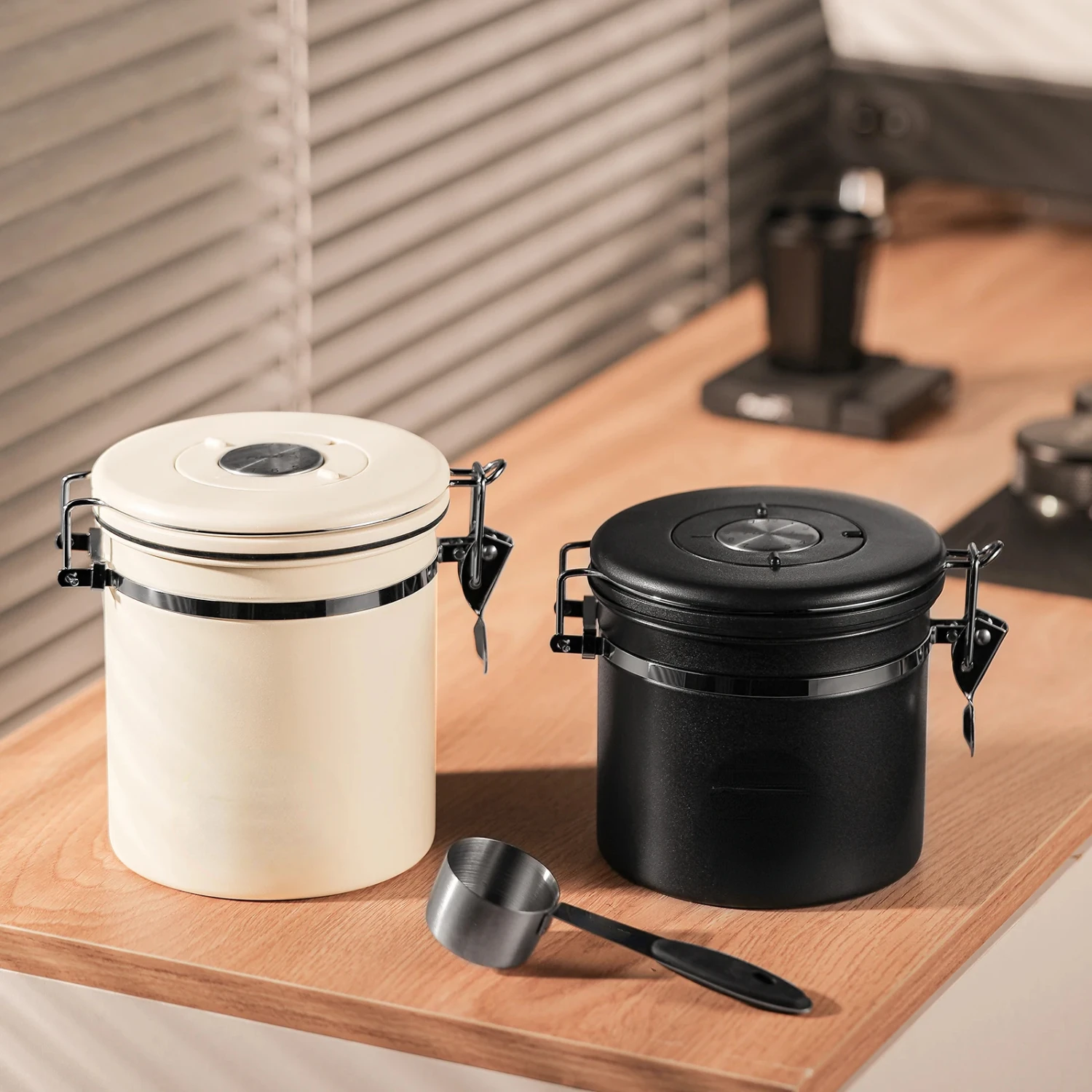 

Coffee Canister Airtight Bean Container with Date Tracker Stainless Steel Kitchen Box CO2 Measuring Spoon