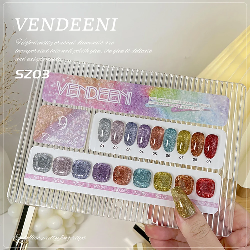 Vendeeni 9 Farben Transluzenter Diamant-Gel-Nagellack Glitzer UV LED Soak-Off Gel-Lack Flash Nail Art Gel-Lack 15ml – Detail 5