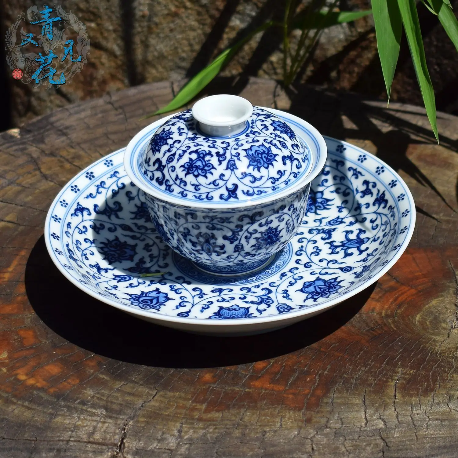Jingdezhen Hand-Painted Blue And White Porcelain Yongle Lotus Vine Pattern Three-Piece Bowl High-End Cup Kung Fu Tea Set