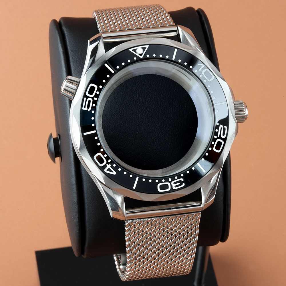 

41mm Silvery nh35 Case Stainless Steel Mesh Bracelet 10ATM Waterproof For Seiko NH35 NH36 Automatic Movement Seamaster 300 Case