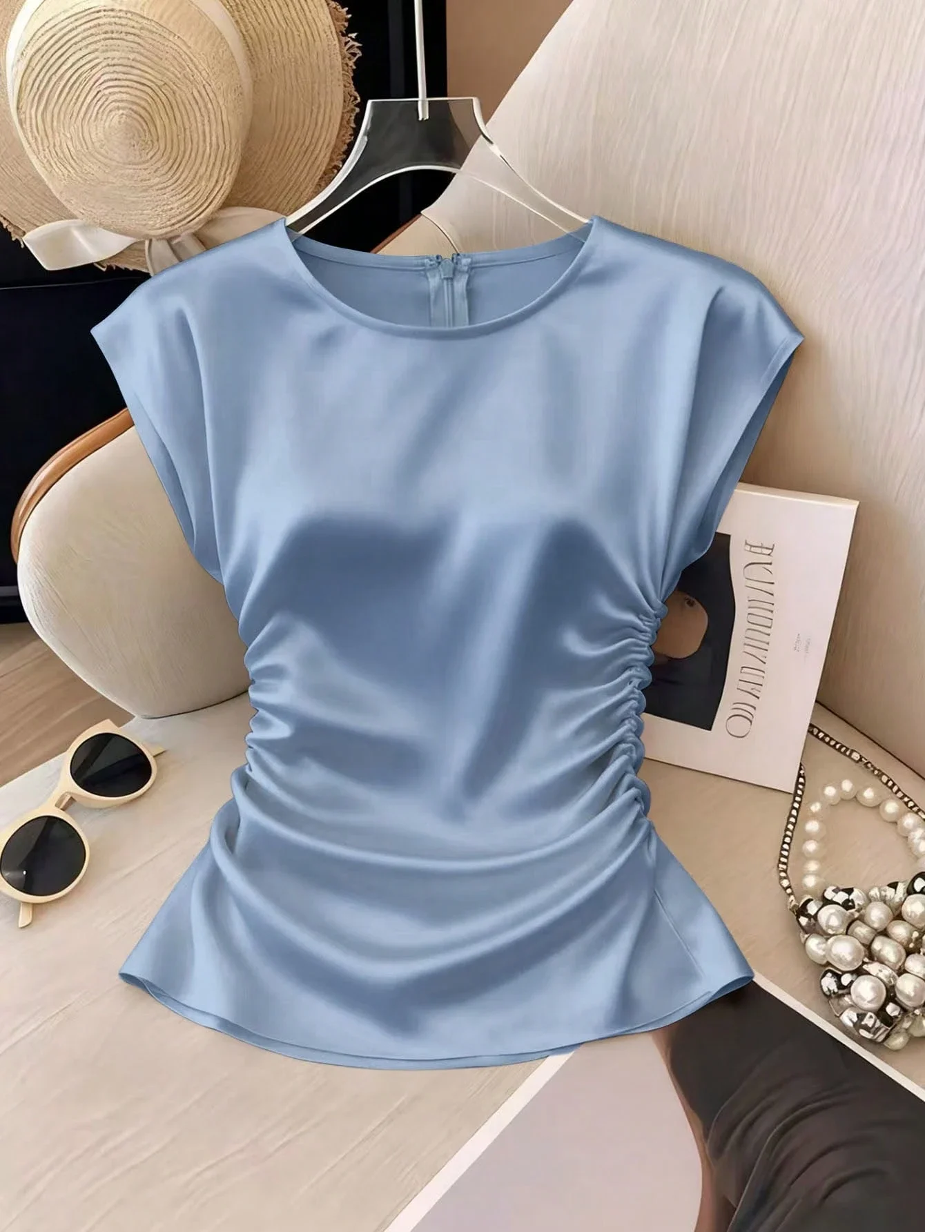 

Elegant Round Neck Fitted Pleated Sleeveless Blouse Solid Sky Blue
