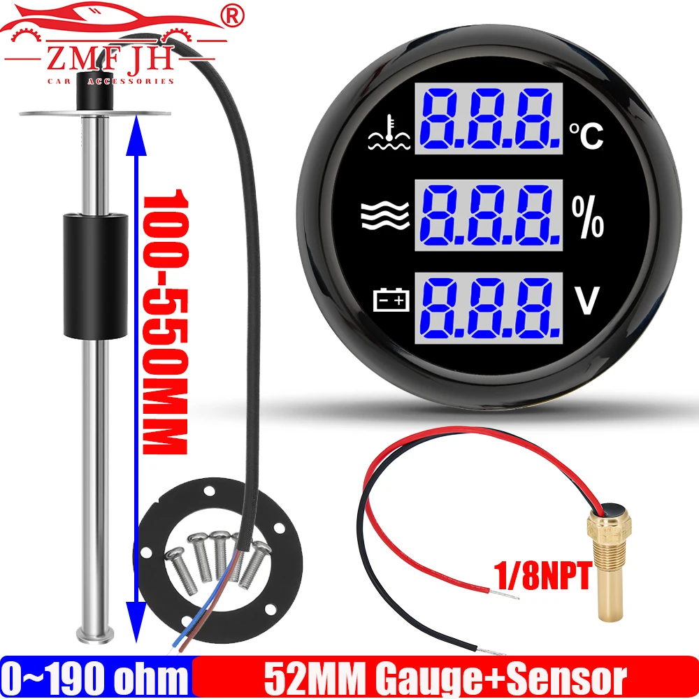 Blue LED Digital 52MM Gauge 3 IN 1 0-120℃ Water Temperature+Water Level+Voltmeter with Flash Warning for Marine Boat Car 12V24V