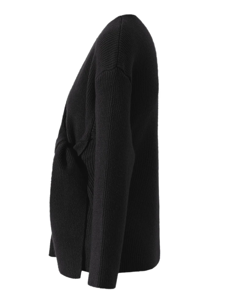 [EAM] suéter tejido de vendaje Irregular negro, jerséis de manga larga con cuello redondo para mujer, nueva tendencia de moda Otoño Invierno 2024 2R4635