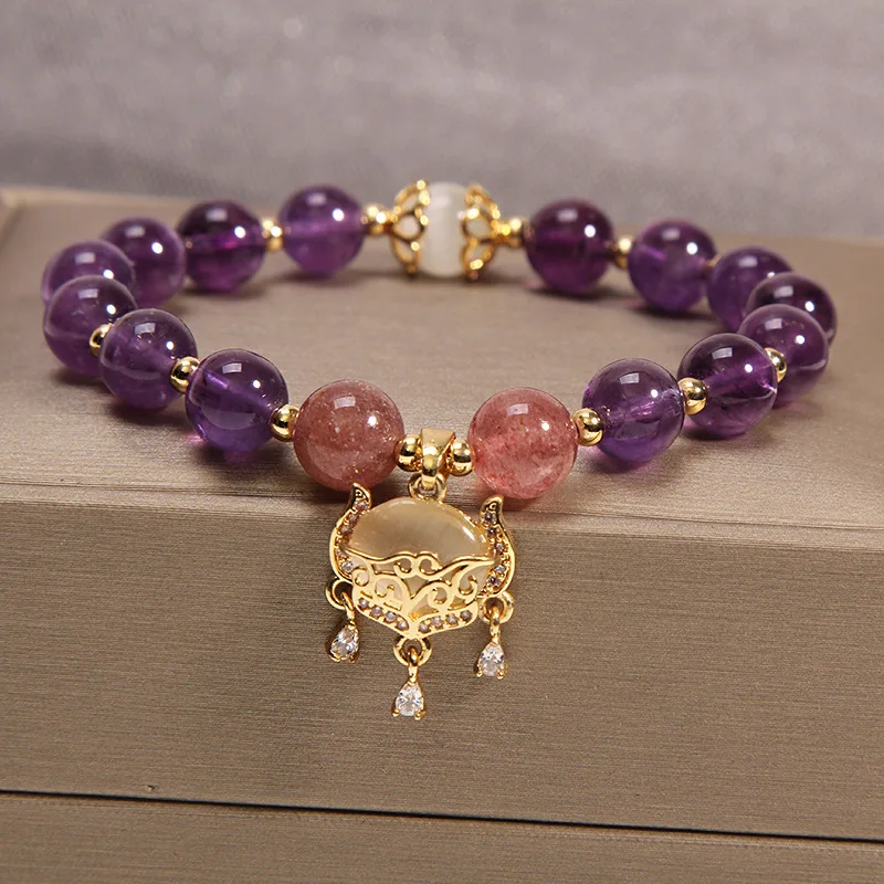 Natural Amethyst Bracelet Women\'s Zirconia Love Pendant Beads Vintage Strand Bracelets Sister Student Festival Jewelry Gift