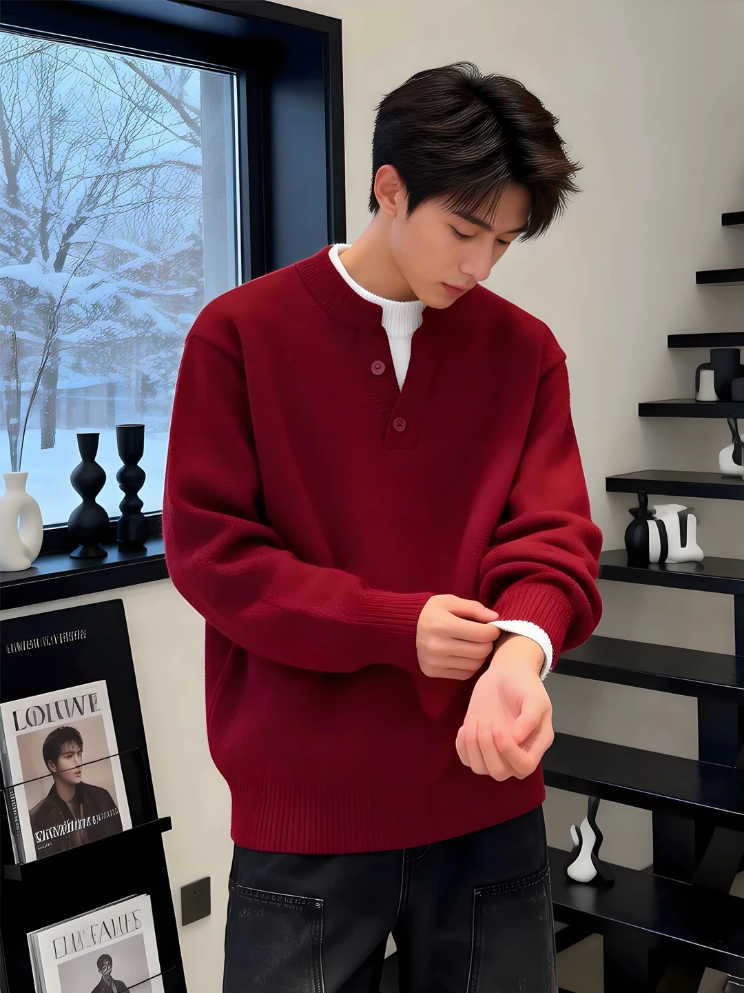 

Thiened Red Henry Collar Knitted Sweater Men's Winter Cisas Sle round Ne Inner irt Casual Loose Fit Warmth