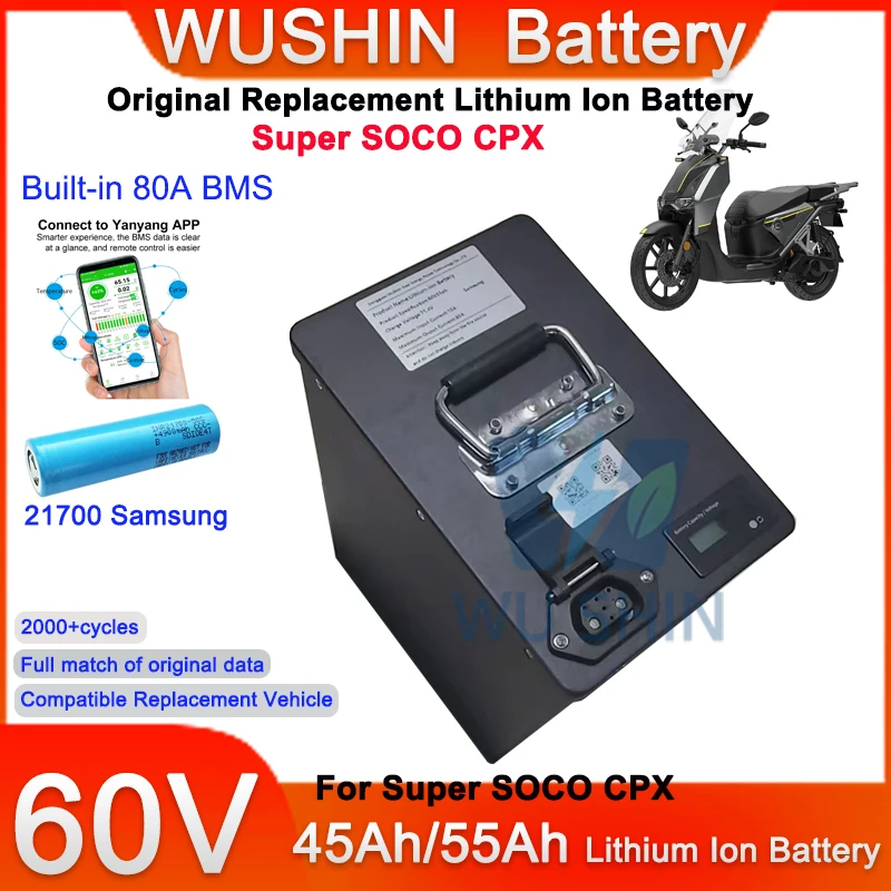 Original Replacement Battery Pack 60V 45Ah 55Ah Lithium Ion Battery for Super SOCO CPX Motorcycle Full Match of Original Data