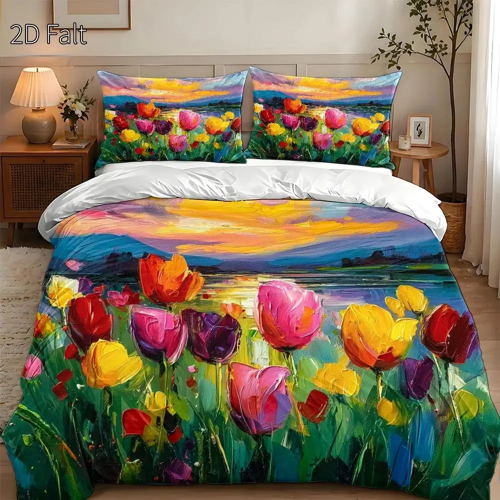 3-Piece Quilt Cover Set, 1 Quilt Cover + 2 Pillowcases (Without Filling) 2D Flat Priting, Quilt Cover Set of Three, Tulip Theme, Abstract Art Style, Spring Festival, Suitable for All Seasons, Machine Washable, Invisible Zipper, Large Quilt Cover Set, Bedding Set, Skin-Friendly and Breathable, Soft and Comfortable, Does Not Fade or Pill, Suitable for Home/Dormitory