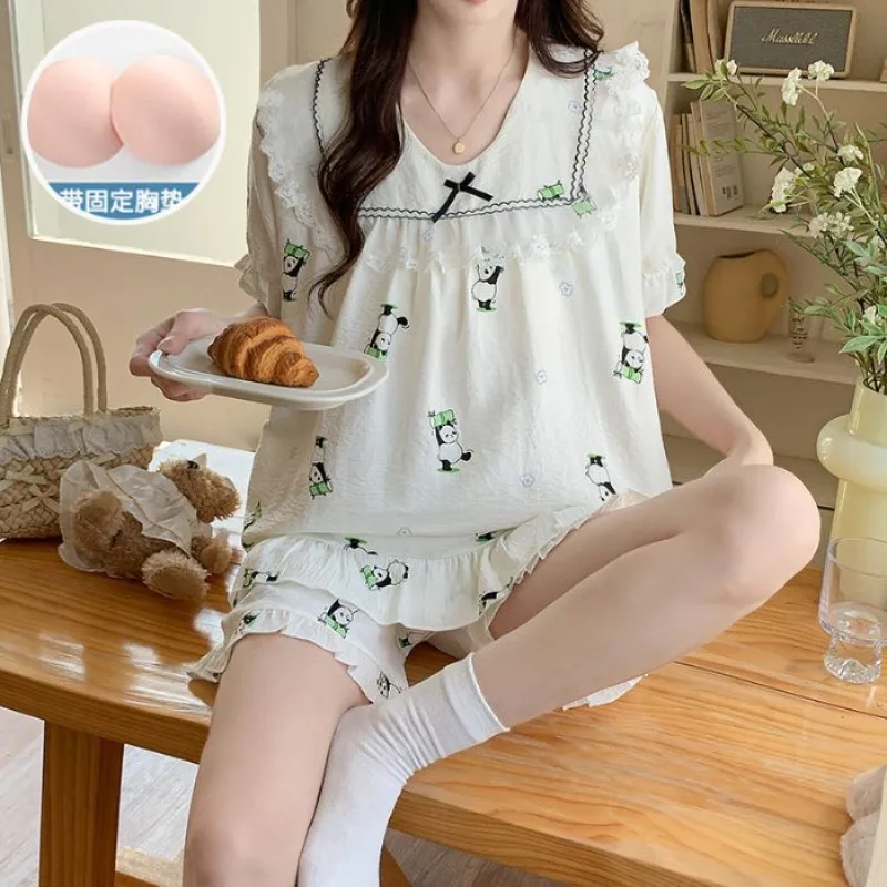 Ropa de dormir de flores con cojín, pijamas de verano para mujer, pantalones cortos de manga corta, conjunto de ropa de casa coreana para estudiantes de Japón y encaje pequeño dulce