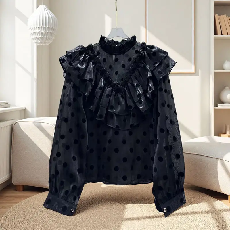 빈티지 러플 스탠드 칼라 폴카 도트 여성 셔츠 2026 새로운 봄 한국 스타일 우아한 루즈 슬리밍 긴팔 탑