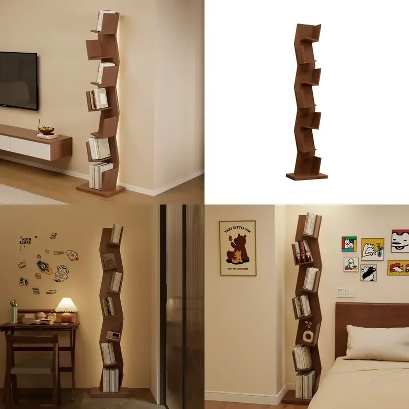 Solid Wood Corner Bookshelf with LED Light Multi Layer Tree Shaped Storage Rack for Home Office Creative Display Shelf