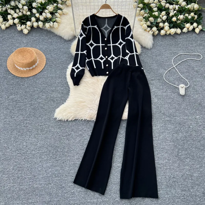 Pattern Printing Elegant Knitted Pant Suits Single Breasted Cardigan Wide Leg Pants 2 Piece Sets Winter Fashion Women Outfits