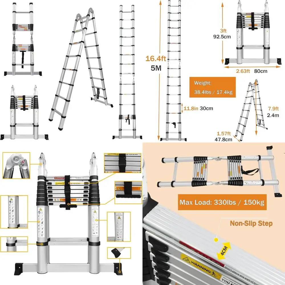 Aluminium telescopische verlengladder 16,4 voet, 2-in-1 A-frame en rechte ladder, verstelbaar 8+8 treden, draagbaar opvouwbaar ontwerp