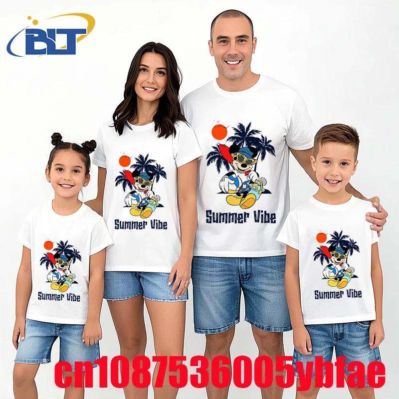 Disney Vacation Summer Vibe Mickey Mouse Print T-shirt Dad and mom kids Cotton Short Sleeve Family Matching Outfits Casual Top