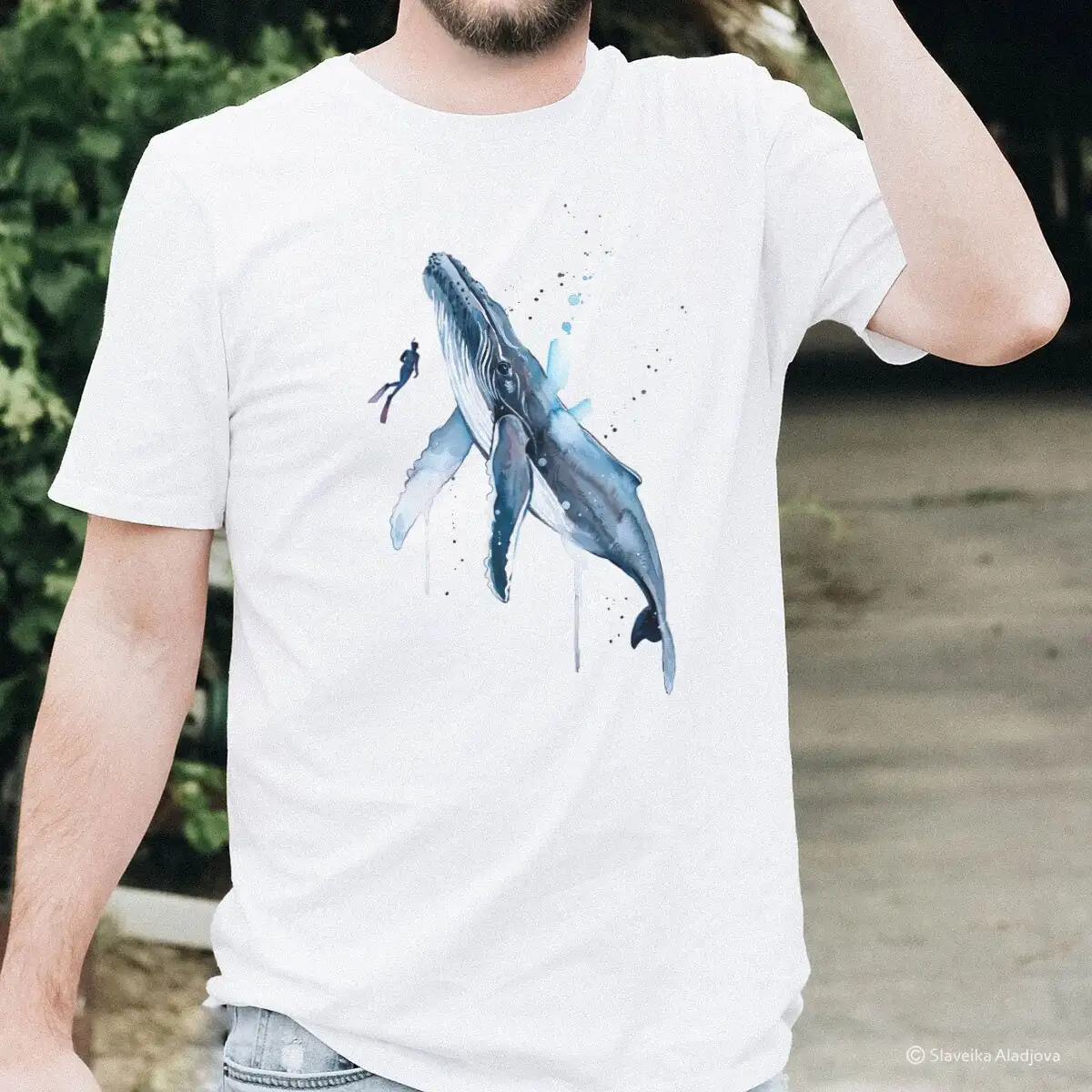 Freediver with Humpback Whale T shirt ring spun Cotton 100 watercolor print women's tees Boys' Clothing Girls