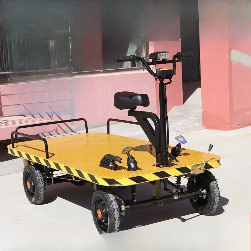 Electric flatbed truck pulling cargo load four-wheeled warehouse transporter electric hand push stall truck
