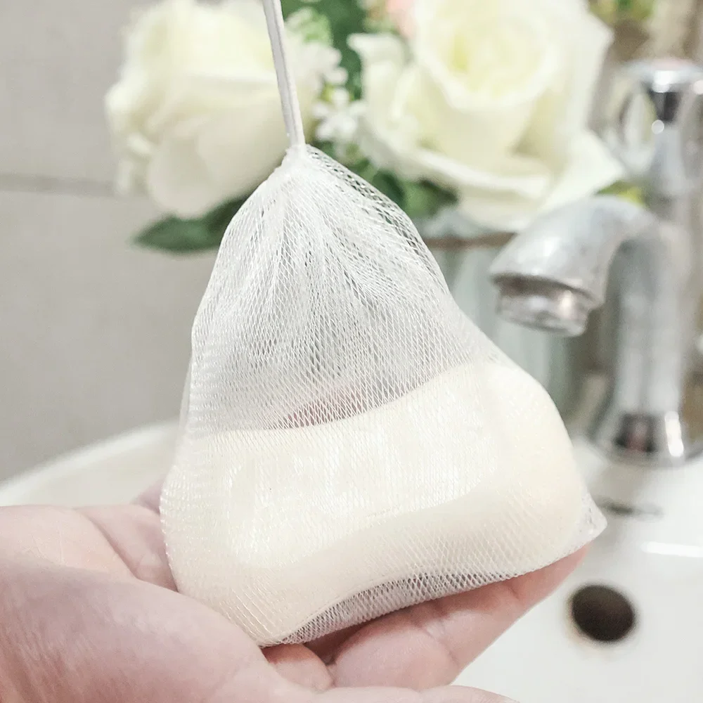 Sacchetti di sapone schiumogeno a rete sacchetto di schiuma detergente per il viso coulisse doccia Bubble Foam Net Bath lavaggio del corpo forniture