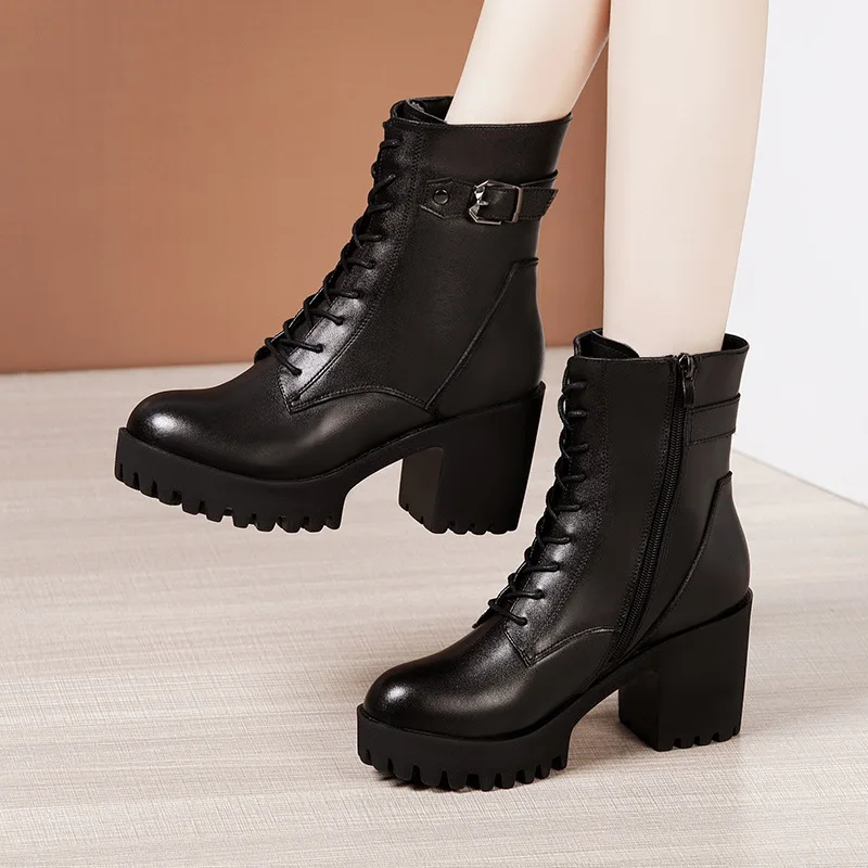 High quality mid calf leather cowhide boots for women 8cm high heel platform new 2024 autumn winter elegant 32 33 43 shoe  black