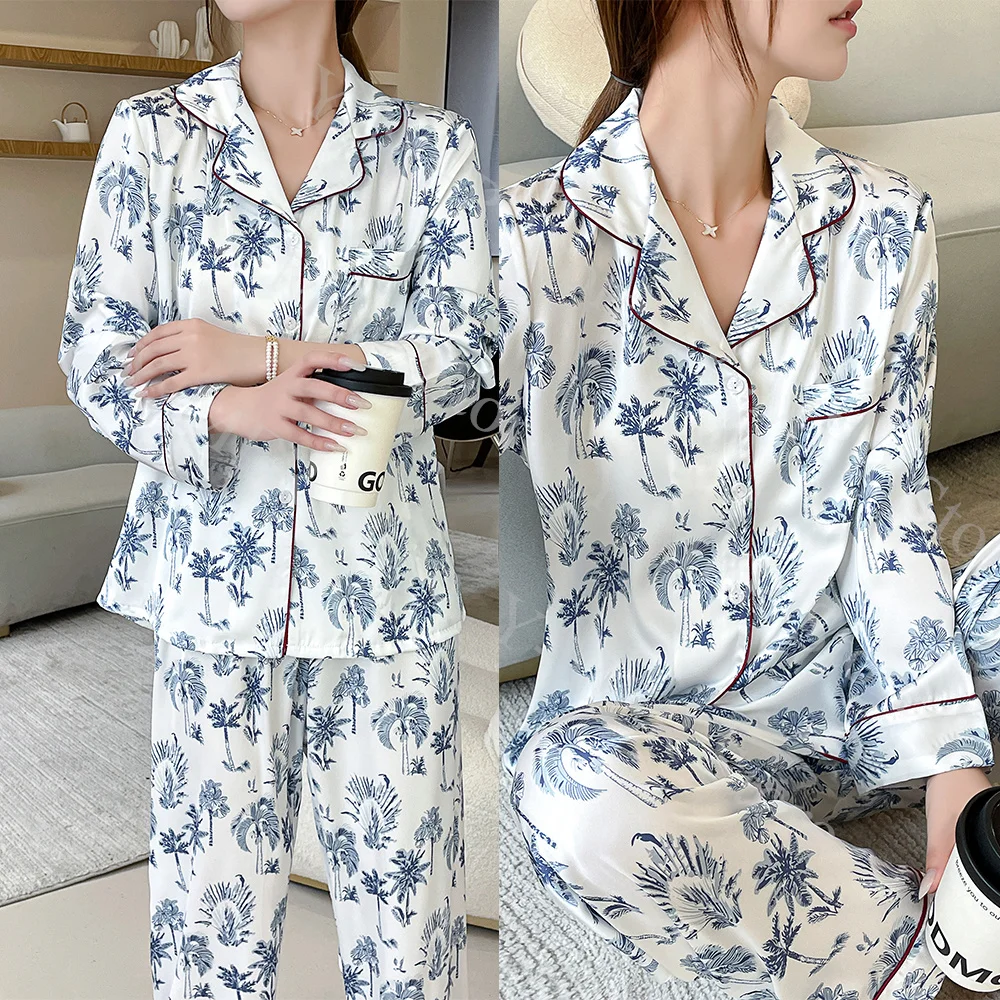 Satin Home Suit Women Summer Spring Pajamas Long Sleeve Shirt&pants Nightwear Lady Loose Nightwear Luxury Ice Silk Pyjamas